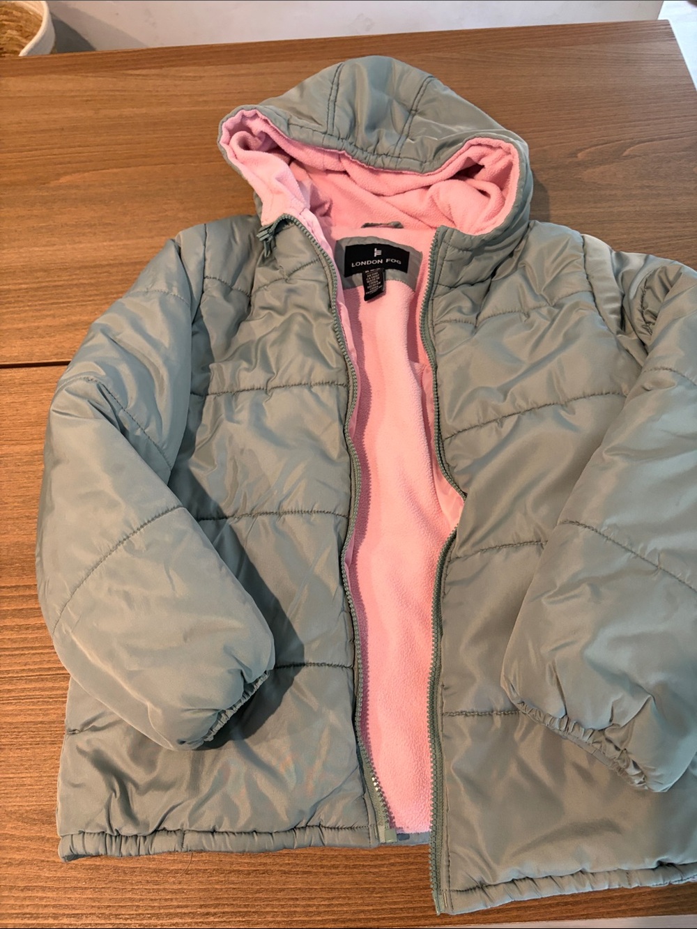 London Fog Kids Hooded Puffer Jacket in Sage with Pink Lining